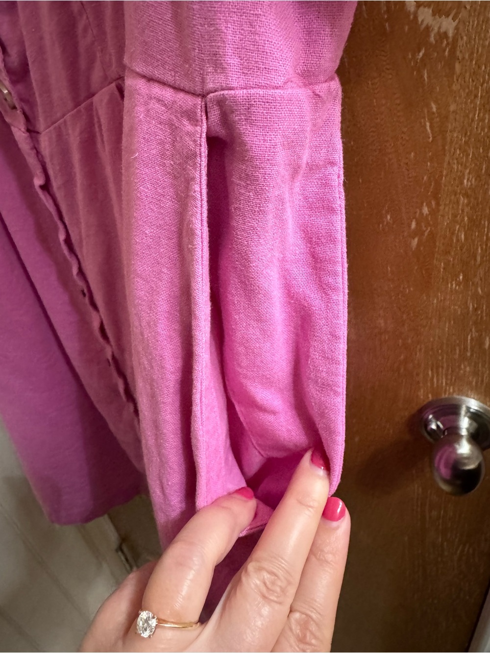 Old Navy Linen Blend Pink Button Down Peplum Dress Puff Sleeves Plus 2X Pockets - Picture 5 of 7